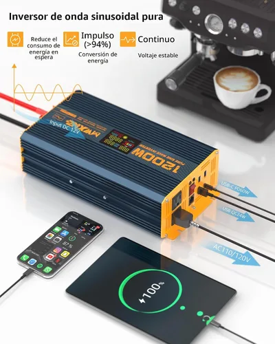 Vista 5 de Inversor de Potencia de Onda Sinusoidal Pura de 1200 Vatios DC 12V a 110V AC Convertidor con Dos Salidas de CA, Puertos USB de Carga Rápida