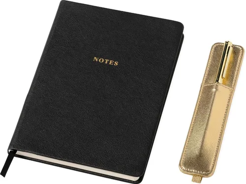 Vista 7 de WORLD TRAVELER Eccolo - Diario mediano con bolígrafo, cuaderno A5 de tapa dura negro y dorado con 256 páginas marfil, soporte para bolígrafo