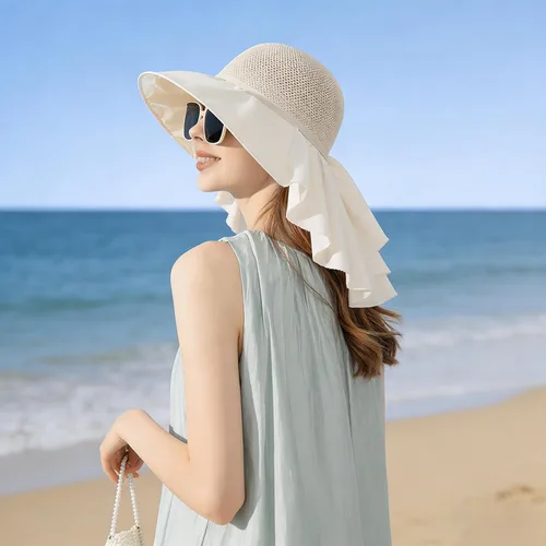 Vista 3 de Sombrero de malla de verano con protección UV, sombrero de ala ancha para mujer, transpirable, sombrero de pesca con solapa para el cuello