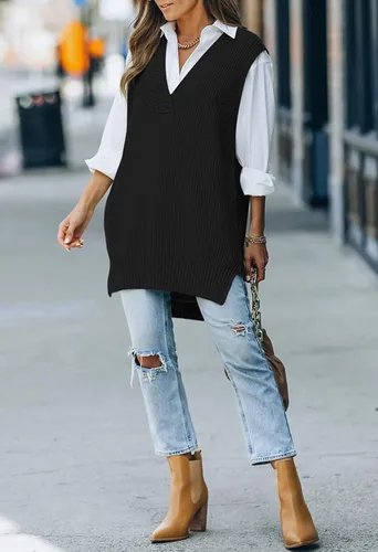 Vista 4 de Viottiset - Chaleco de punto con cuello en V y mangas sin costuras para mujer, tipo túnica, extragrande