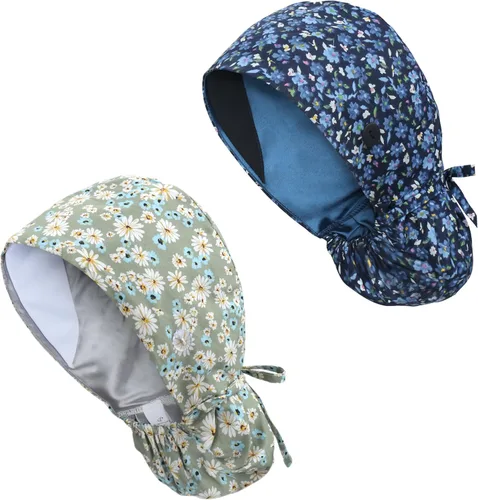Vista 33 de Gorra médica con forro de satén con bolsillo para cola de caballo, gorro de enfermera médica de algodón con banda elástica para el sudor