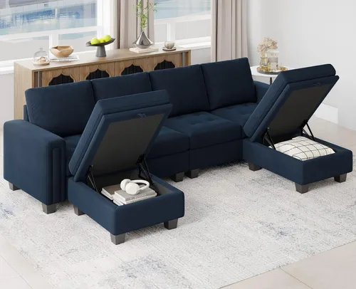 Vista 6 de Belffin Otomana rectangular de terciopelo con almacenamiento, diseño copetudo, color azul