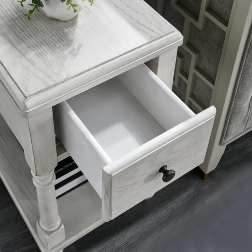 Vista 7 de Mesa auxiliar estrecha de madera maciza con cajón, mesa auxiliar de sofá con estantes de almacenamiento, mesa auxiliar delgada, teléfono