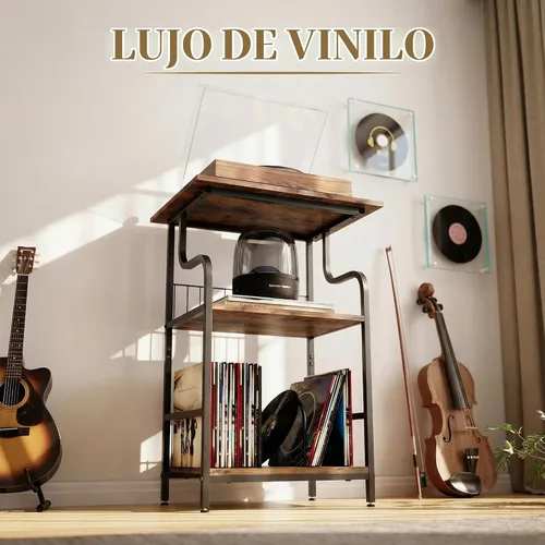 Vista 8 de Soporte para tocadiscos, mesa para tocadiscos de 3 niveles, almacenamiento de discos de vinilo con escritorio extragrande, mesa auxiliar para discos