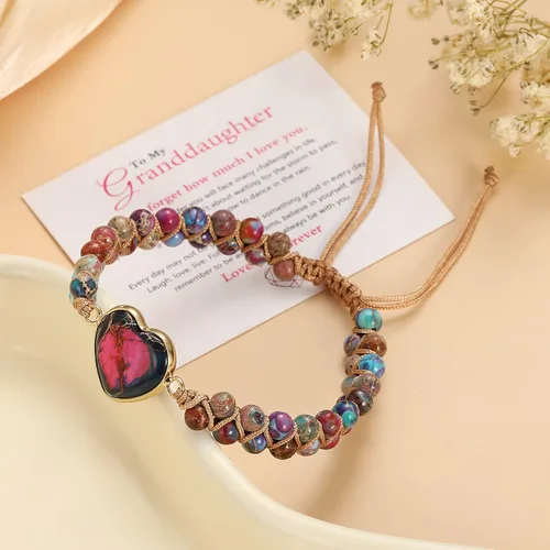 Vista 2 de Pulsera trenzada de nudo de flor de durazno ajustable para mujer, con texto en inglés "For Granddaughter A Link That Can Never Be Undo", pulsera