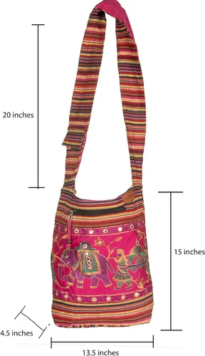 Vista 5 de Bolsa de hombro rosa bordada hecha a mano elefante bohemio hippie bolsa de playa gitana