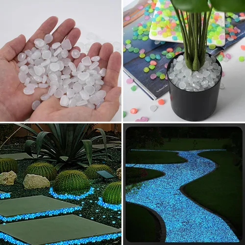 Vista 7 de Piedras decorativas que brillan en la oscuridad para exteriores, 1000 piezas blancas que brillan en azul, pequeños guijarros luminosos para jardín