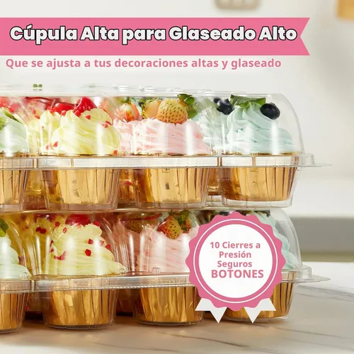 Vista 4 de Gencywe (24 paquetes x 10 juegos) Portadores apilables para cupcakes con 240 forros para cupcakes, cajas de plástico soportes para cupcakes para 24