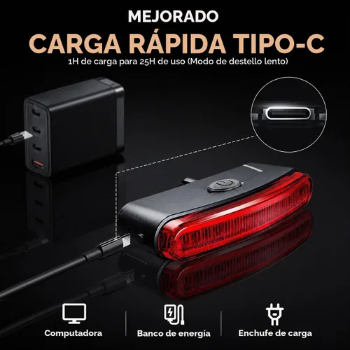 Vista 8 de Luz trasera de bicicleta recargable, IPX6 impermeable 220 amplia visibleSafety modo linterna carretera montaña paseo nocturno