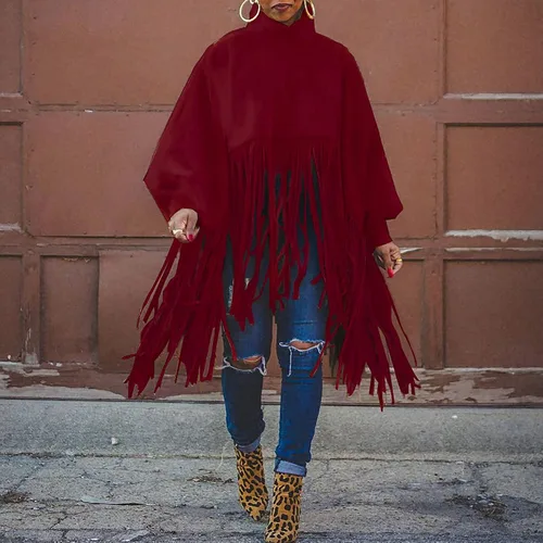 Vista 2 de SUZONANA Womens High Neck Tassel Tops Plus Size Solid Color Hoodie Jacket Zipper Up Western Poncho Sweatshirt