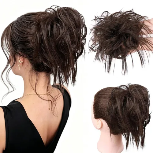 Vista 29 de HMD - Extensiones de cabello tipo chongo alborotado con rodelo despeinado, banda elástica de goma, extensiones de cabello sintético para mujer 12H24