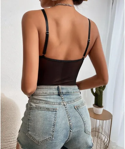 Vista 2 de mixcb Body de malla transparente sin mangas con cuello en V y encaje transparente para mujer