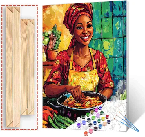 Vista 29 de Pintura de niña afro a la moda, kits de pintura por números, 16 x 20 pulgadas, lienzo de hojas tropicales, pintura al óleo para niños y adultos