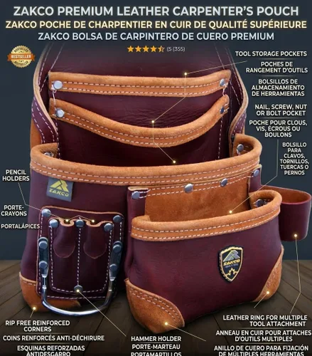 Vista 8 de PRO-15 - Cinturón de cuero y uñas de carpintero de 8 bolsillos con bolsa de herramientas de cuero genuino (MAROON)