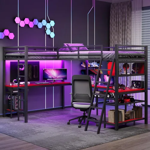 Vista 13 de Cama tipo loft en forma de L tamaño matrimonial e individual con 2 escritorios, tablero de clavijas y cajones de almacenamiento, marco de cama