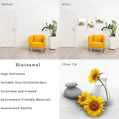 Vista 6 de Biuteawal Lienzo de girasol para pared, 3 piezas, pintura amarilla y gris, relajante con piedra zen, ilustraciones impresas para spa, baño, sala