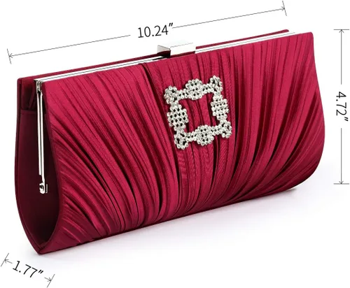Vista 2 de Bolso de mano plisado de satén para boda con broche de diamantes de imitación, color borgoña, 10.4 pulgadas de ancho x 4.9 pulgadas de alto x 2.2