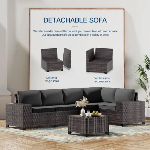 Vista 5 de Kullavik - Juego de muebles para exterior de 6 piezas con sofá modular de ratán de polietileno, color negro