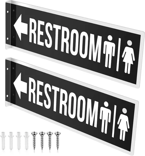 Vista 8 de Flutesan 1 letrero de metal de doble cara para baño, 12 x 4 pulgadas, bandera de baño de aluminio negro para negocios, baño, puerta, baños