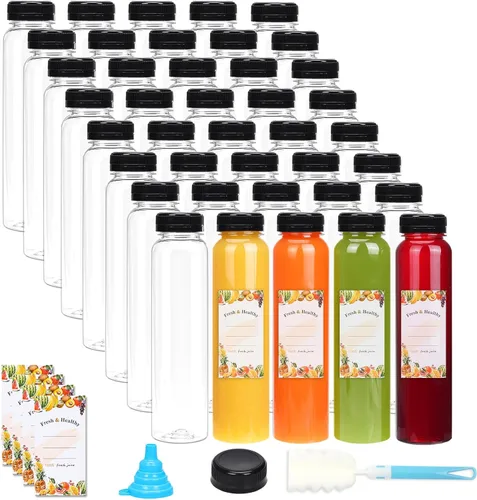 Vista 8 de Moretoes 40 botellas de jugo de 12 onzas, botellas de plástico vacías con tapas, contenedores reutilizables para bebidas a granel transparentes