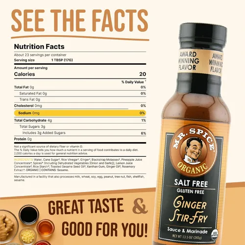 Vista 2 de Mr. Spice Salsa orgánica de jengibre para saltear, sin sal (0 mg/porción), sin gluten, salsas bajas en sodio para marinada, wok y freidora de aire