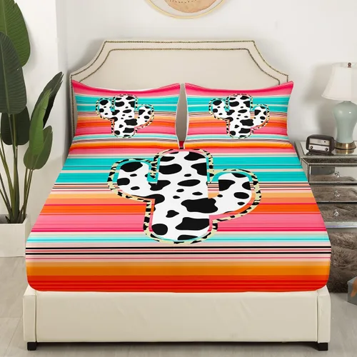 Vista 3 de Manfei Juego de sábanas de cactus tamaño individual, juego de ropa de cama de cactus con estampado de vaca para niños, niñas, adolescentes Tyts4421