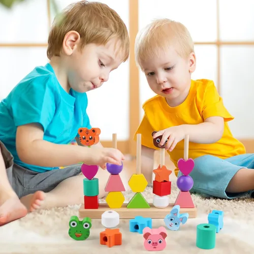 Vista 7 de Vinlon Montessori - Juego de juguetes para niños y niñas de 2, 3 y 4 años, lindos animales vivos colores para clasificar y apilar, bloques