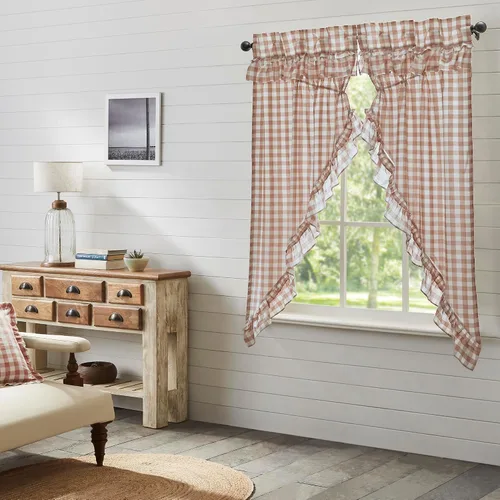 Vista 17 de VHC Brands Annie Buffalo - Cortinas de cocina de algodón a cuadros con bolsillo para barra, cordón de amarre con volantes, par de botes de pradera