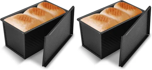 Vista 9 de KITESSENSU Molde para pan Pullman de acero al carbono con tapa, capacidad de masa de 1 libra, negro, antiadherente, pan y tostadas Molde de pan