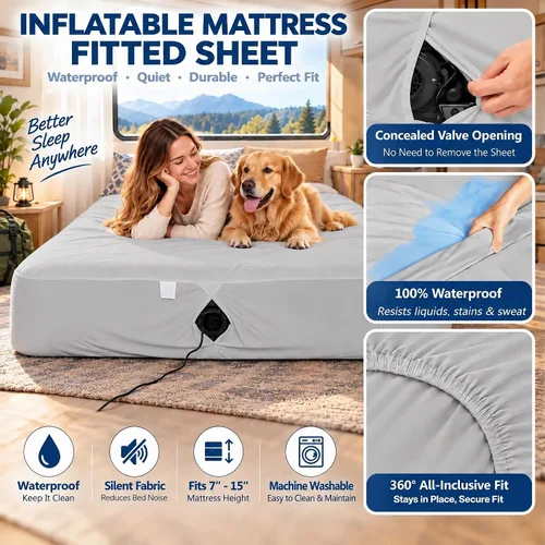 Vista 4 de Sábana bajera tamaño matrimonial para colchón de aire, protector de colchón de aire impermeable con bolsillo profundo de 7 a 15 pulgadas, para cama