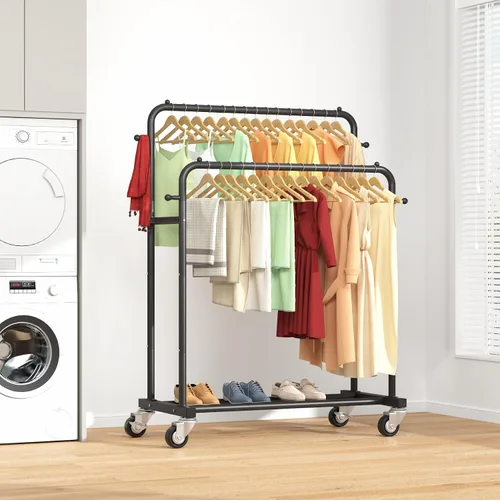 Vista 9 de Laiensia - Perchero de doble varilla con ruedas, estante para colgar ropa, 4 ganchos, estante multifuncional para dormitorio, color negro
