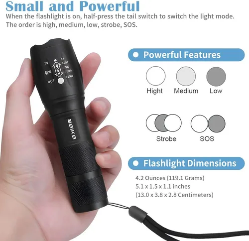 Vista 5 de Beike Linternas, paquete de 2 linternas tácticas de alto lúmenes, potente luz de flash pequeña, linterna LED súper brillante, linternas impermeables