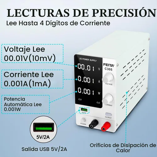 Vista 5 de FEITA Fuente de alimentación de CC variable, 30 V 5 A, fuentes de alimentación de laboratorio de banco de alta precisión ajustable con pantalla LED