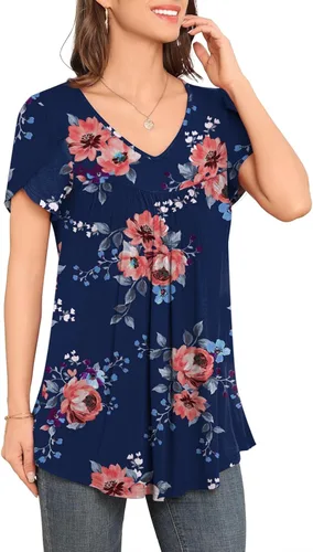 Vista 2 de LAOLASI Blusa casual de verano para mujer, manga corta, cuello en V, holgada, para ocultar el vientre