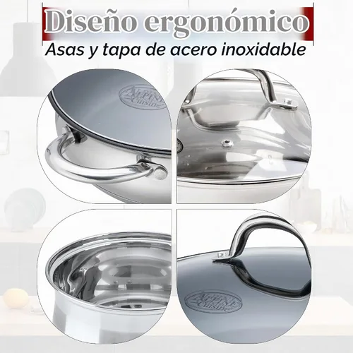 Vista 3 de Alpine Cuisine Horno holandés de acero inoxidable de 2 cuartos de galón con tapa de vidrio templado, forma de vientre, resistente y apto