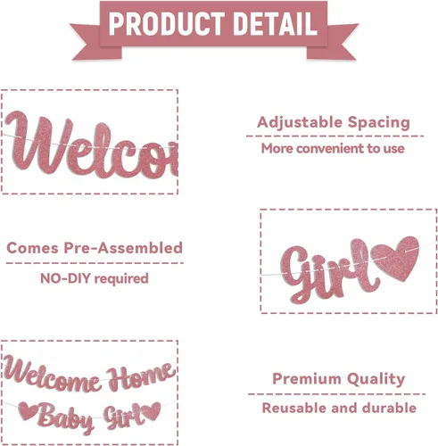 Vista 4 de Cartel de bienvenida a casa para bebé, decoración rosa para baby shower, revelación de género, decoración interior y exterior, purpurina dorada rosa