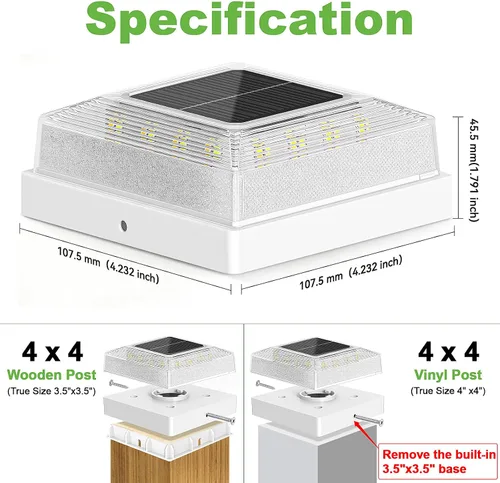 Vista 2 de Brightever 3.5 x 3.5 4x4 luz solar para poste al aire libre, paquete de 4 luces solares para postes de madera/vinilo, 3 modos de iluminación, luces