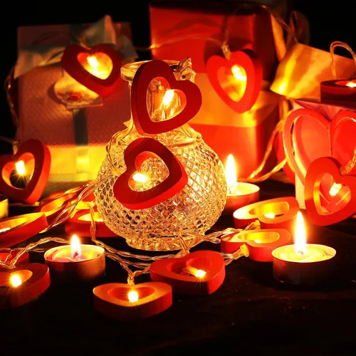 Vista 3 de Mudder Guirnalda de luces de hadas para el día de San Valentín, 10 pies, 20 luces LED de madera con forma de corazón rojo y rosa para decoración