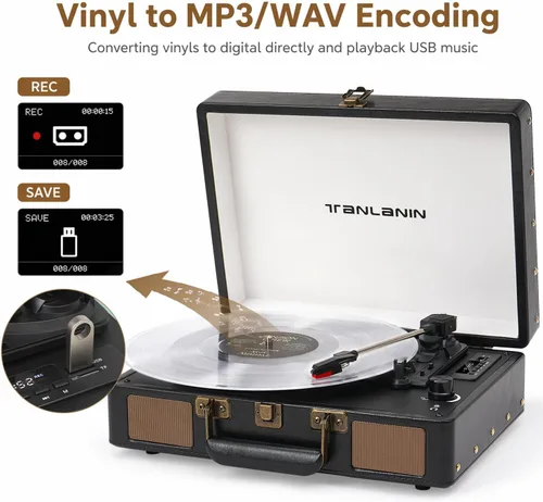 Vista 10 de Reproductor de discos de vinilo con altavoces integrados, tocadiscos de entrada Bluetooth de 3 velocidades, grabación y reproducción USB/TF