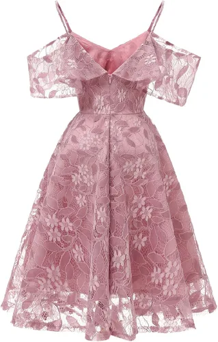 Vista 3 de IWEMEK Vestido de fiesta de cóctel con tirantes delgados y encaje floral para dama de honor, hombros descubiertos, manga con volantes, vestido