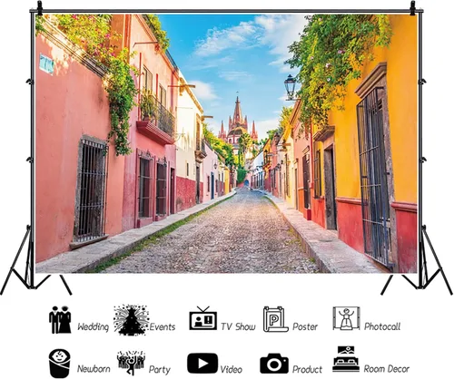Vista 2 de Telón de fondo colorido de la calle de la ciudad de México, 5 x 3 pies, fondo de fotografía de casa, escenario de callejón, fiesta mexicana