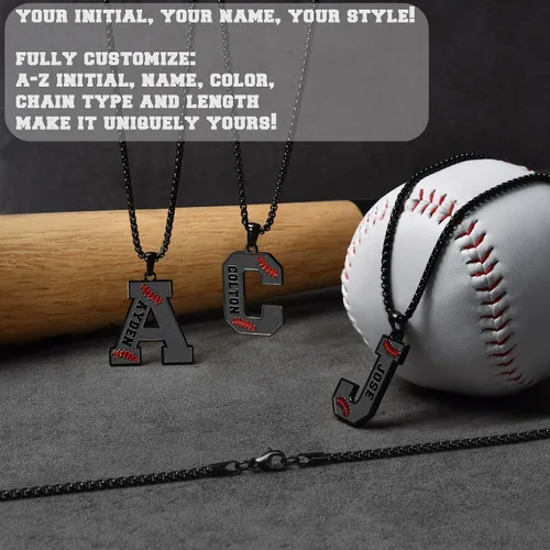 Vista 4 de Ldurian Collar personalizado con nombre de béisbol, cadena negra de acero inoxidable, collar con nombre deportivo, letra A-Z de 24 pulgadas, regalos