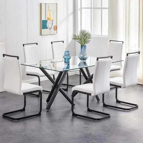Vista 26 de Juego de mesa de comedor de cristal para 6, 71 pulgadas juego de mesa de comedor moderno para 6 7 Piece Dining Table Set, 6 White Dining Chairs