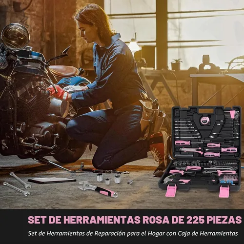 Vista 3 de FASTPRO Juego de herramientas rosa de 225 piezas, juego de herramientas manuales de mecánica SAE y métricas con caja de herramientas, kit