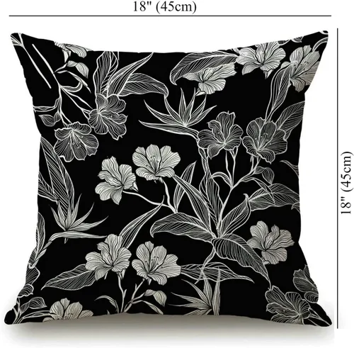 Vista 4 de Solekla Funda de almohada cuadrada de lino y algodón con flores blancas y negras, funda de cojín decorativa para sofá de 18 x 18 pulgadas Sl157
