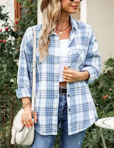 Vista 6 de Megfie Camisa de franela de gran tamaño para mujer, camisa de franela suave con botones y manga larga enrollable, camisa a cuadros para mujer