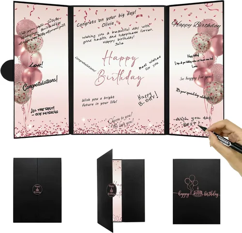 Vista 12 de DARUNAXY Decoraciones de Fiesta de Cumpleaños Negro Dorado, Libro de Visitas Alternativo Jumbo Feliz Cumpleaños para Hombres Mujeres Brindis por 30