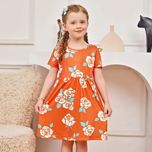 Vista 2 de PATPAT Paquete múltiple de vestidos florales para niña pequeña, paquete de 23 unidades, a lunares, manga corta, vestido de corte en línea A