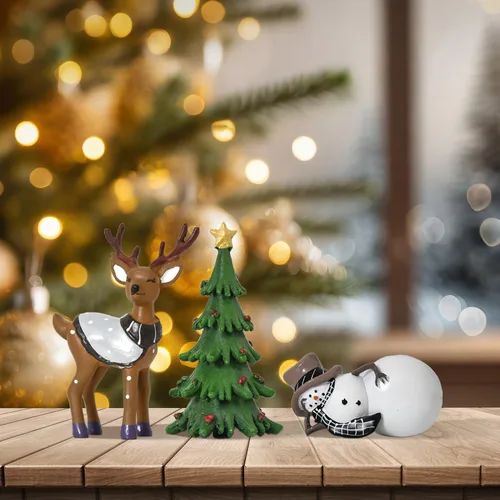 Vista 7 de Smile - Decoración navideña para interiores, juego de 3 figuras pequeñas de resina, muñeco de nieve, árbol de Navidad y reno, decoración navideña