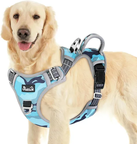 Vista 26 de SlowTon Arnés para perro sin tirones, arnés resistente sin estrangulamiento para mascotas, con 2 clips para la correa y mango vertical de fácil